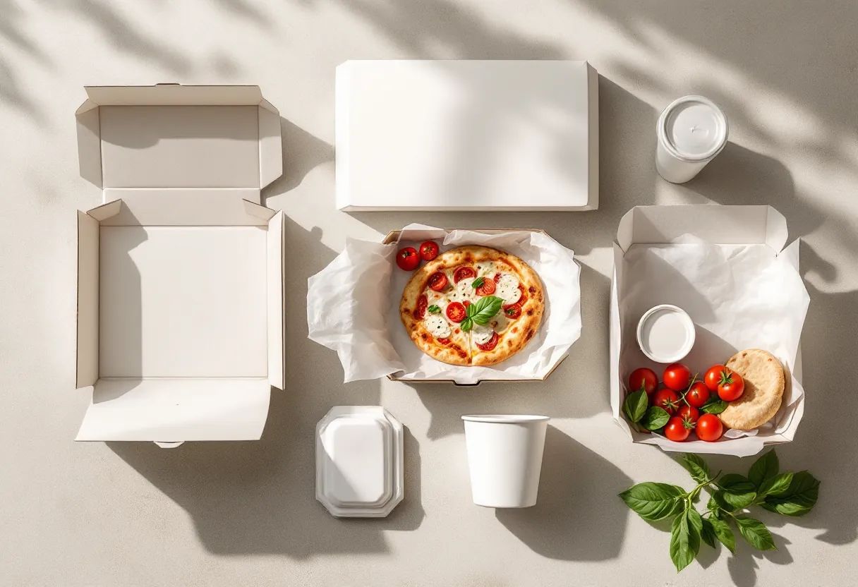 Sistema di packaging Packlife in cartoncino multistrato: box pizza, vaschetta take away, bicchiere