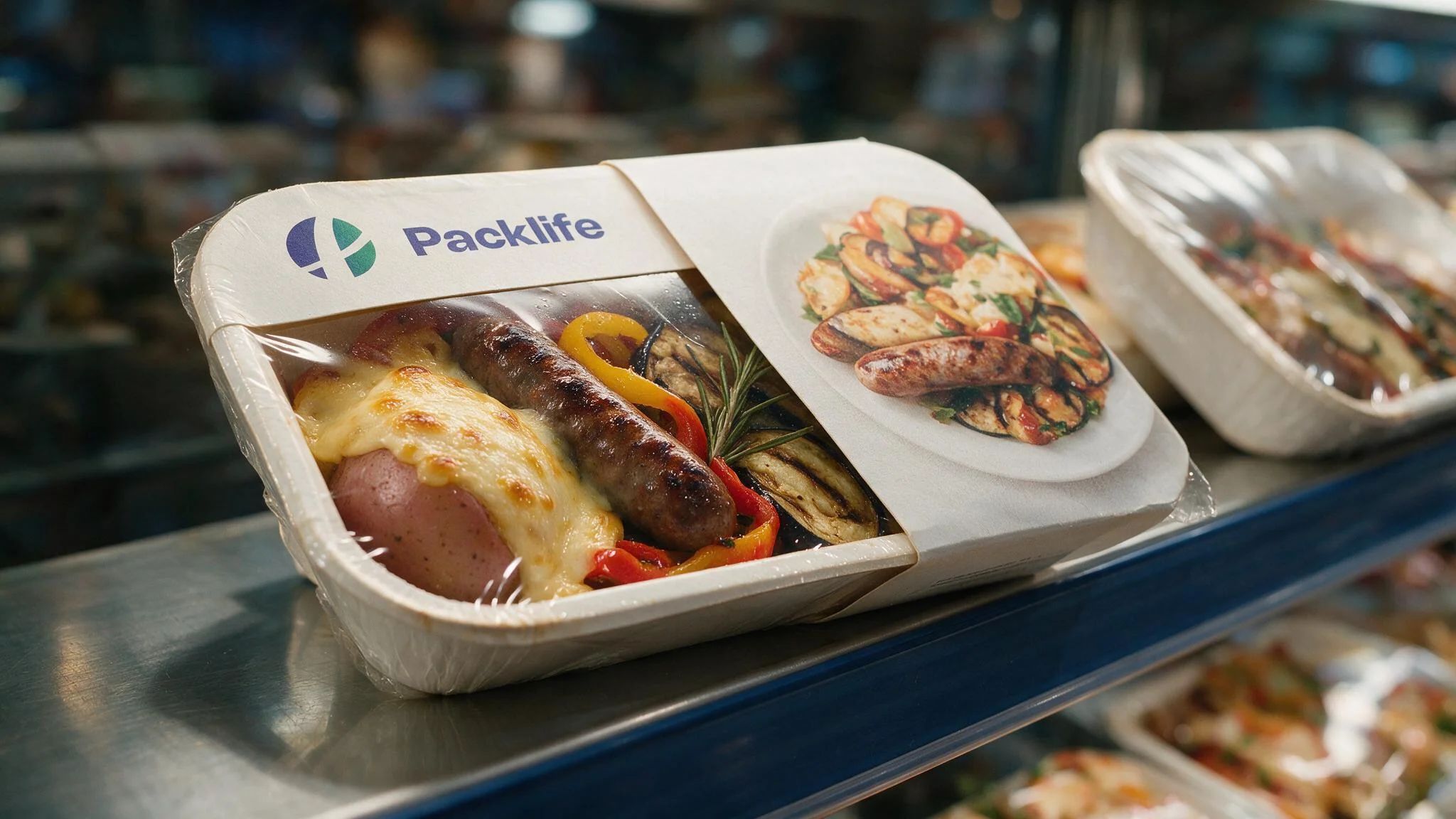 Vaschetta in cartoncino Packlife con film e fascetta stampata personalizzata nel banco frigo
